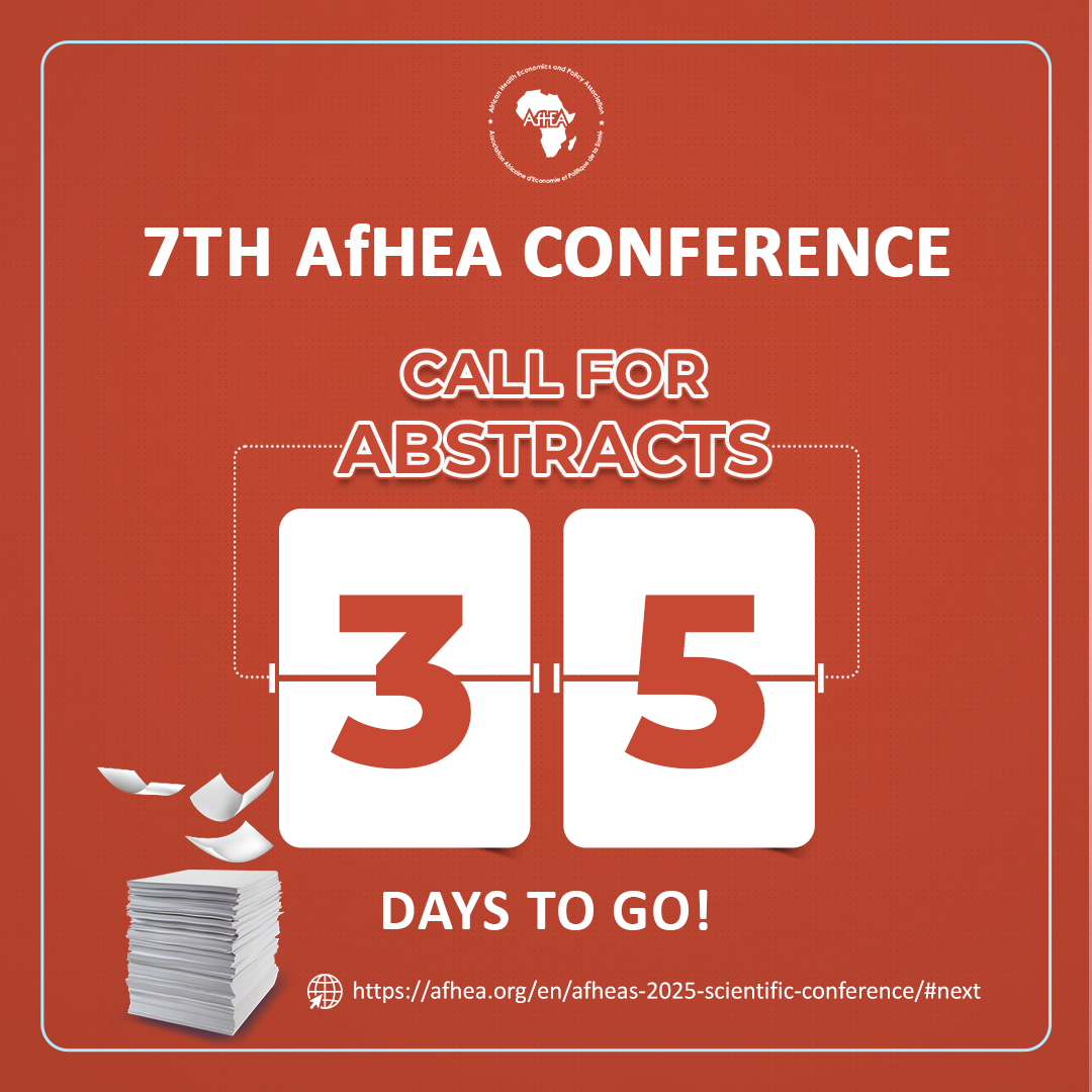 Dear Colleagues,  Only 35 days left to submit your abstracts for the #AfHEA2025 Conference! Don’t miss your chance to share your research and insights on health economics and policy in Africa.Submit now and be part of the change! Kindly visit the Call for Abstracts post to find out how to register for Individual, Organized, Satellite/Pre-Conference sessions and side events now at: https://afhea.org/en/afhea-2025-conference-call-for-abstracts/ #AfHEA2025 #HealthEconomics #HealthPolicy #Research #Africa #Conference ————————————— Rappel du compte à rebours : Plus que 35 jours pour l’appel à résumé
