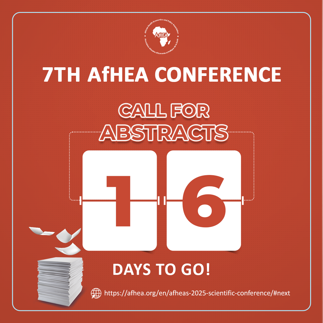 Dear colleagues, The countdown begins! With only 16 days left, don’t miss your chance to submit your abstracts for the prestigious #AfHEA2025 Conference. Share your groundbreaking research and insights on health economics and policy in Africa, and be part of shaping the future of healthcare. Visit https://afhea.org/en/afhea-2025-conference-call-for-abstracts/ for guidelines on submitting abstracts for individual, organized, and satellite sessions, as well as side events. Let’s drive change together! #AfHEA2025 #HealthEconomics #HealthPolicy #Research #Africa #Conference ………………………………………………………………………………………………………………………………………………. Chers collègues, Le compte à rebours